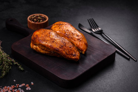 Delicious grilled chicken fillet with spices and herbs on a dark concrete backgroundの写真素材