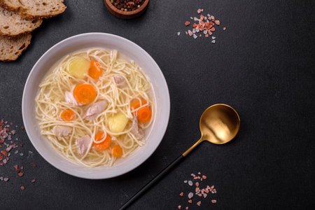 Delicious soup with noodles, chicken and carrots with spices and herbs on a dark concrete backgroundの写真素材