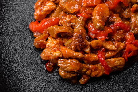 Delicious juicy meat with hot peppers and sauce on a black ceramic plate on a dark concrete backgroundの写真素材