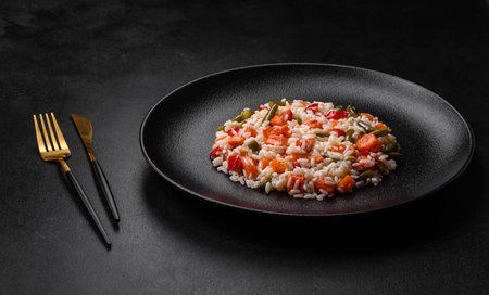 Delicious fresh risotto with vegetables, spices and herbs on a black plate on a dark concrete backgroundの写真素材