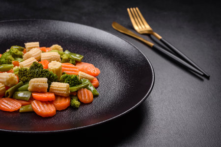A mixture of vegetables: carrots, small heads of corn, asparagus beans steamed on a black ceramic plateの写真素材