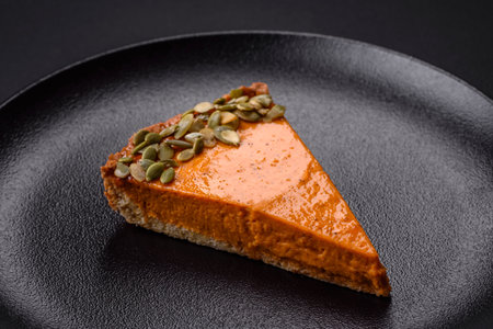 Beautiful tasty pumpkin pie with slices on a black ceramic plate on a dark concrete background