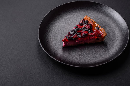 Delicious fresh pie with raspberries and other berries and cheese on a dark plate on a black backgroundの写真素材