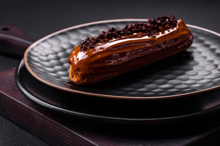 Delicious fresh eclair with chocolate cream on a black ceramic plate on a dark concrete backgroundの写真素材