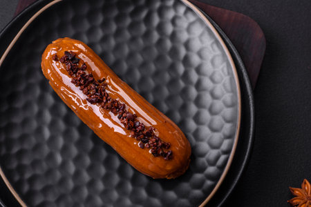 Delicious fresh eclair with chocolate cream on a black ceramic plate on a dark concrete backgroundの写真素材