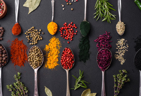Several types of spices in metal spoons paprika, tomatoes, curry, beets, cumin, turmeric, fennel, spirulina, allspice of different colors on a black concrete backgroundの写真素材