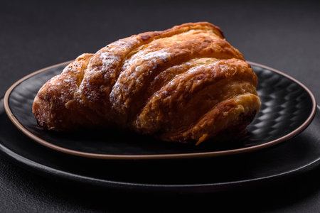 Delicious fresh crispy bun with jam on a black ceramic plate on a dark concrete backgroundの写真素材