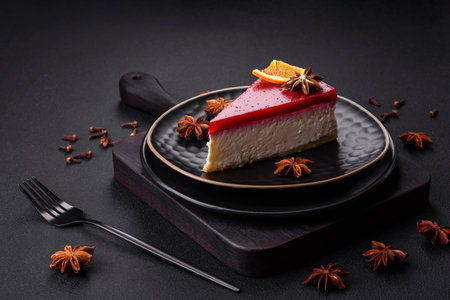 Delicious sweet cheesecake with raspberry jam on a black ceramic plate on a dark concrete backgroundの写真素材