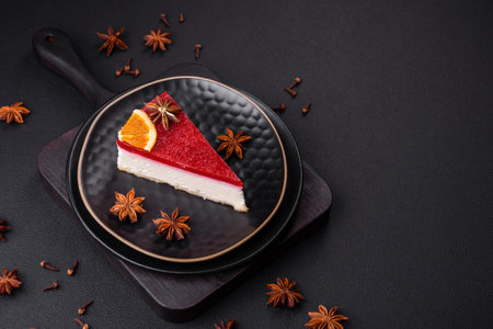 Delicious sweet cheesecake with raspberry jam on a black ceramic plate on a dark concrete backgroundの写真素材
