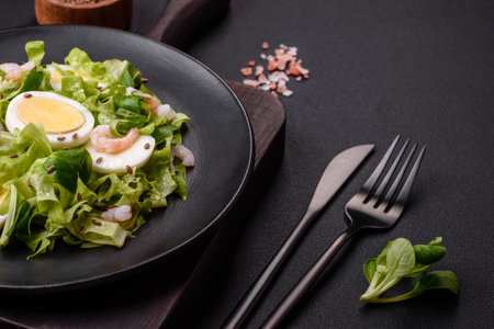 Fresh salad with shrimps, eggs and lettuce on black backgroundの写真素材