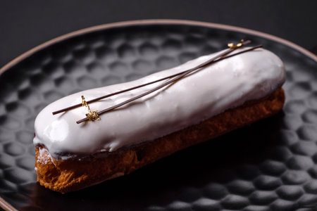 Delicious fresh profiterole or eclair with chocolate on a black ceramic plate on a dark concrete backgroundの写真素材