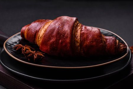 Freshly baked croissants on a black background. selective focus.の写真素材