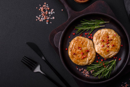 Cheese cutlets with rosemary and peppercorns on black backgroundの写真素材