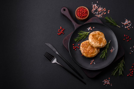 Cheese patties with rosemary and pepper on black background