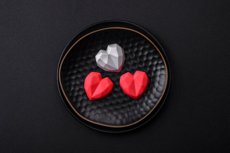 Delicious sweet heart shaped chocolate candies on a dark concrete background. valentines day...
