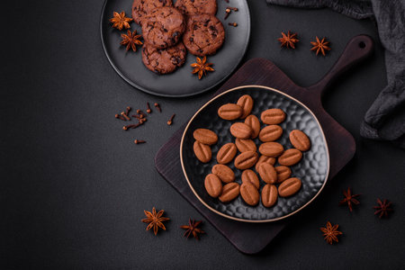 Delicious chocolate cookies with nuts on a black ceramic plate on a dark concrete backgroundの写真素材