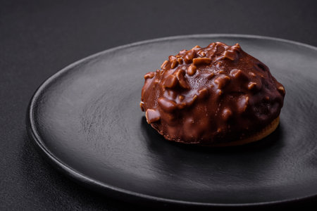 Delicious chocolate tart with nuts on a black ceramic plate on a dark concrete backgroundの写真素材
