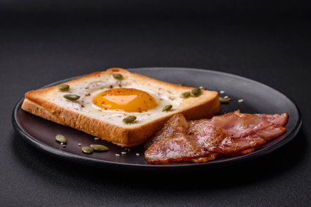 Heart shaped fried egg in bread toast with sesame seeds, flax seeds and pumpkin seeds on a black...