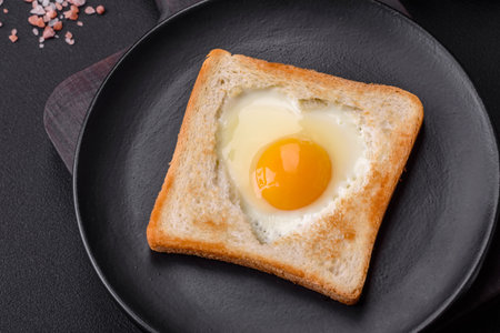 Heart shaped fried egg in bread toast with sesame seeds, flax seeds and pumpkin seeds on a black plate on a dark concrete backgroundの写真素材