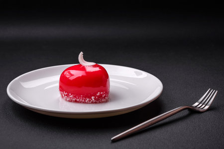 Beautiful tasty cake red color cheesecake in the shape of a heart. Sweets for Valentine's Dayの写真素材