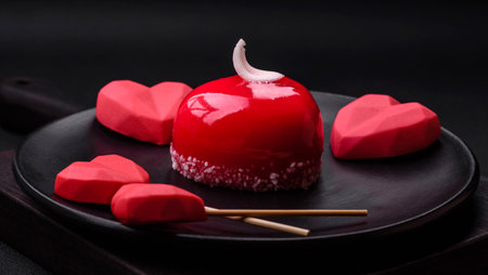 Beautiful tasty cake red color cheesecake in the shape of a heart. Sweets for Valentine's Dayの写真素材