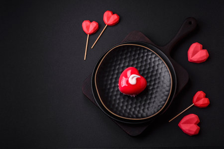 Beautiful tasty cake red color cheesecake in the shape of a heart. Sweets for Valentine's Dayの写真素材
