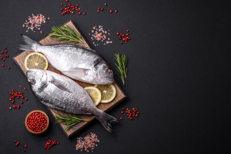 Fresh raw dorado fish with spices, herbs, salt and lemon on a dark concrete background