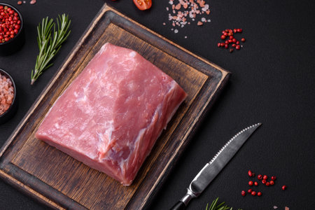 A piece of raw fresh pork on a wooden cutting board with spices and herbs on a dark concrete backgroundの写真素材
