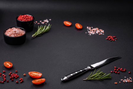 Ingredients salt, spices, herbs and tomatoes on a dark concrete background. Cooking at homeの写真素材