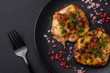 Meat baked in the oven with pineapple, tomatoes, cheese, spices and herbs on a black ceramic plate on a dark concrete backgroundの写真素材