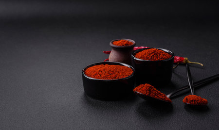 Spice smoked paprika in the form of powder in bowls and spoons on a dark concrete background. Asian...