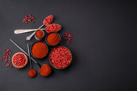 Spice smoked paprika in the form of powder in bowls and spoons on a dark concrete background. Asian cuisine ingredientsの写真素材