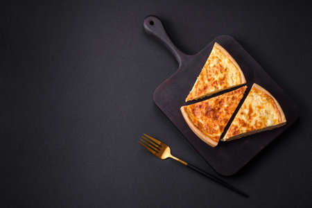 Beautiful delicious quiche pie with four types of cheese with spices and herbs on a dark concrete...
