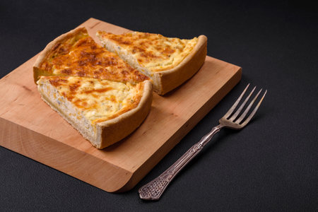 Beautiful delicious quiche pie with four types of cheese with spices and herbs on a dark concrete...