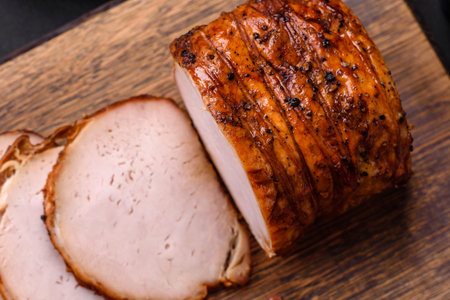 Delicious fresh smoked meat or ham with spices and herbs on a dark concrete backgroundの写真素材