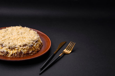 Delicious fresh pie with chicken liver, eggs, onions, carrots and mayonnaise on a ceramic plate on a dark concrete backgroundの写真素材