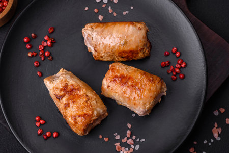 Delicious chicken or pork meat roll with mushrooms, cheese, spices and herbs on a dark concrete...