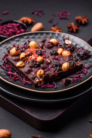 Handmade chocolate with berries, nuts and spices on a dark concrete background. sweets made at home