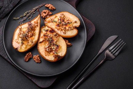 Delicious baked pear with dorblu cheese, walnut and honey on a textured concrete background. Vegetarian dishの写真素材