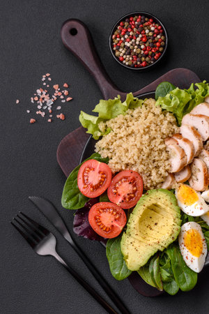 Delicious healthy lunch consisting of chicken, avocado, quinoa, eggs, tomatoes, lettuce and greens on a black plate on a concrete backgroundの写真素材