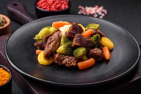 Delicious fresh beef and vegetables carrots, broccoli, cauliflower on a black plate on a dark...