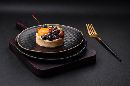 Delicious fresh tart with blueberries, cherries, grapes on a black ceramic plate on a dark concrete backgroundの写真素材