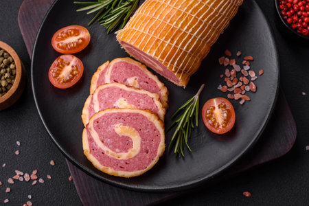 Delicious roll with meat, cheese, mushrooms, spices and herbs on a dark textured concrete backgroundの写真素材