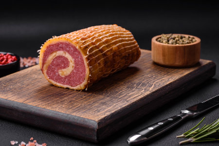 Delicious roll with meat, cheese, mushrooms, spices and herbs on a dark textured concrete background