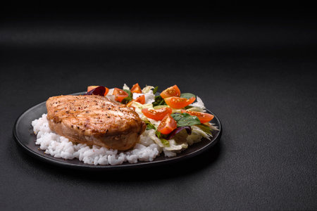 Delicious healthy breakfast consisting of chicken, rice, greens and cherry tomatoes on a black ceramic plate on a dark concrete backgroundの写真素材