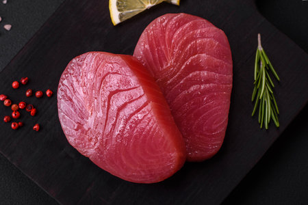 Two fresh slices of raw tuna fillet with spices and herbs on a dark concrete backgroundの写真素材