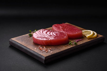 Two fresh slices of raw tuna fillet with spices and herbs on a dark concrete backgroundの写真素材
