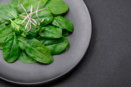Fresh green spinach leaves on a black ceramic plate on a dark concrete backgroundの写真素材