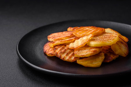 Delicious crispy fried potatoes in slices on a black ceramic plate on a dark concrete backgroundの写真素材