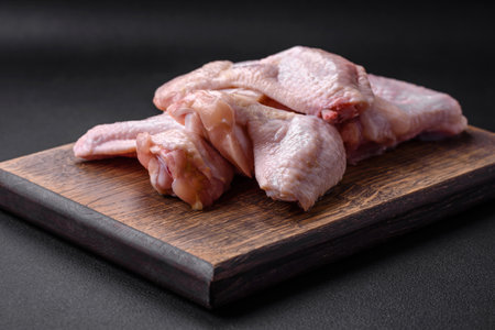 Raw chicken wings with salt, spices and herbs on a wooden cutting board on a dark concrete backgroundの写真素材